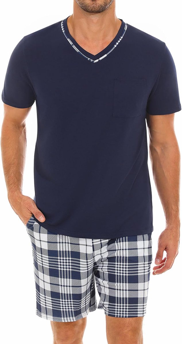Pyjama heren korte V-hals korte pyjama katoen zomer shorty pyjama korte mouwen T-shirt met pyjamabroek l, blauw, L