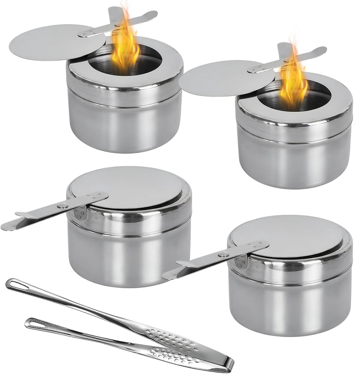 4 stuks roestvrijstalen fondue-brander met pincettang, spiritusbrander, warmhoudcontainer met afdekking, spiritusbrander voor Chafing Dish, brandpastahouder met levensmiddelenpincet, roestvrij
