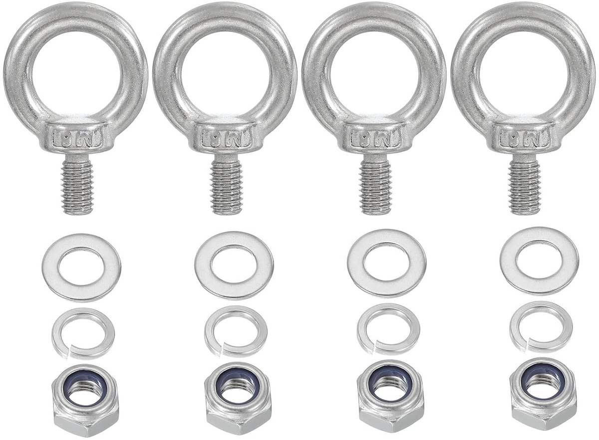 Oogbout M8 x 15 mm met moer, 4 stuks hefbouten van roestvrij staal 304 om op te hangen, zilverkleurig