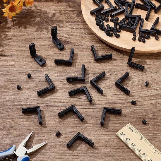 30 stuks zwarte L-beugel, haakse hoekbeugel met schroeven, zware hardwareconnectoren voor houten meubelkast, stoel, planken, houten frame, bed — afbeelding 3