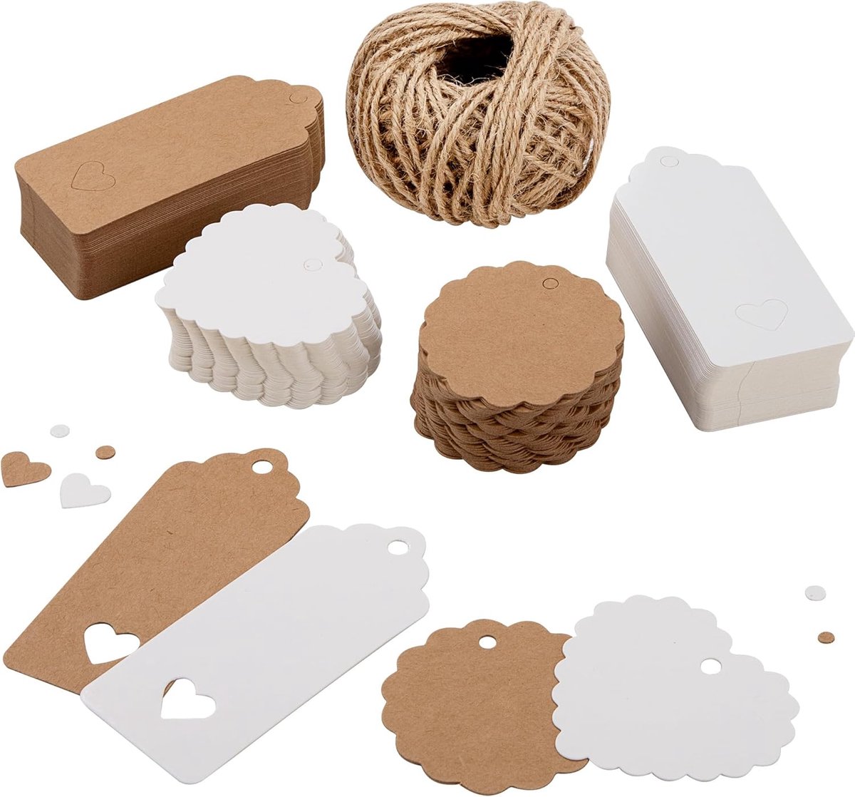 Etiketten, 200 stuks, blanco cadeaulabels, met jute koord, decoratie, cadeau voor bruiloft, verjaardag, Valentijnsdag, wit/bruin