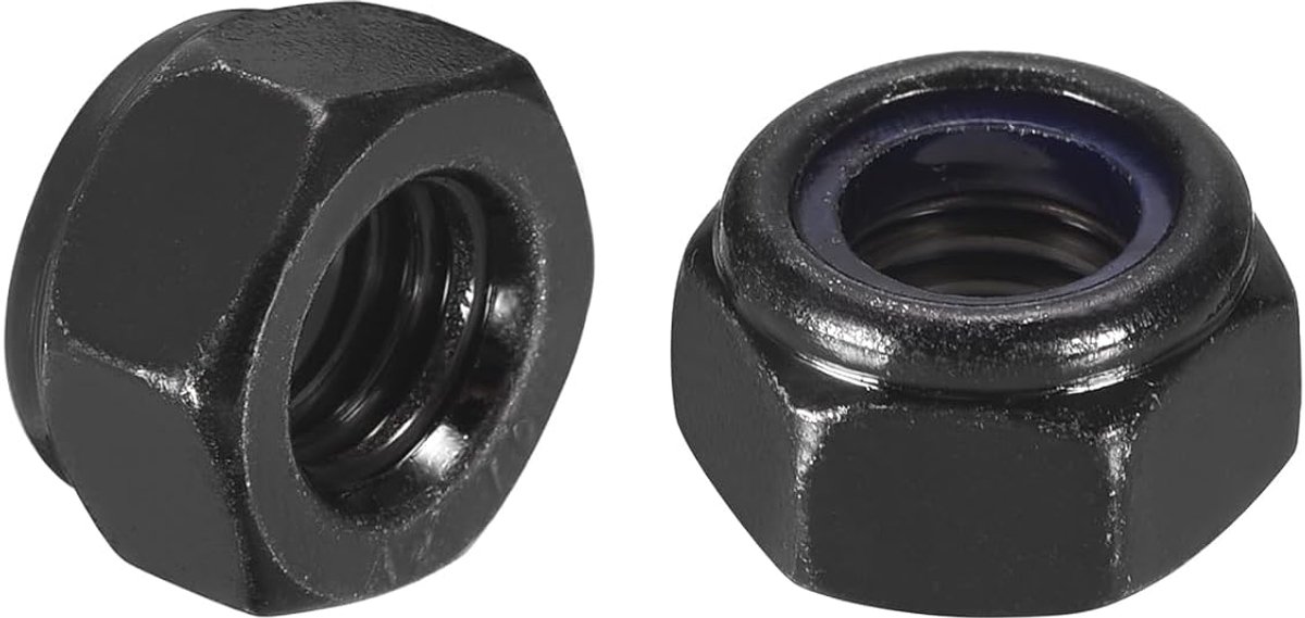 10 stuks zelfremmende zeskantmoeren met nylon inzetstukken M8 x 1,25, zelfborgende moer van koolstofstaal met nylon inzetstukken voor industriële en bouwbevestigingen, zwart en zwart