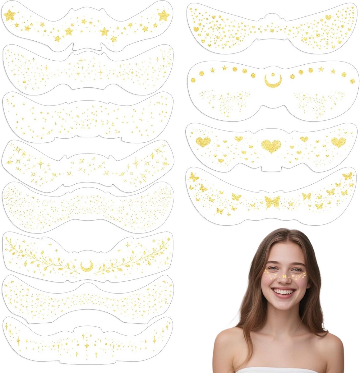 glitter gezicht stickers voor make-up decoratie + glitter freckles tattoo set + 12 stuks + 23x6cm + goudkleurige tijdelijke gezichtstattoos voor carnaval, feest en dagelijks gebruik