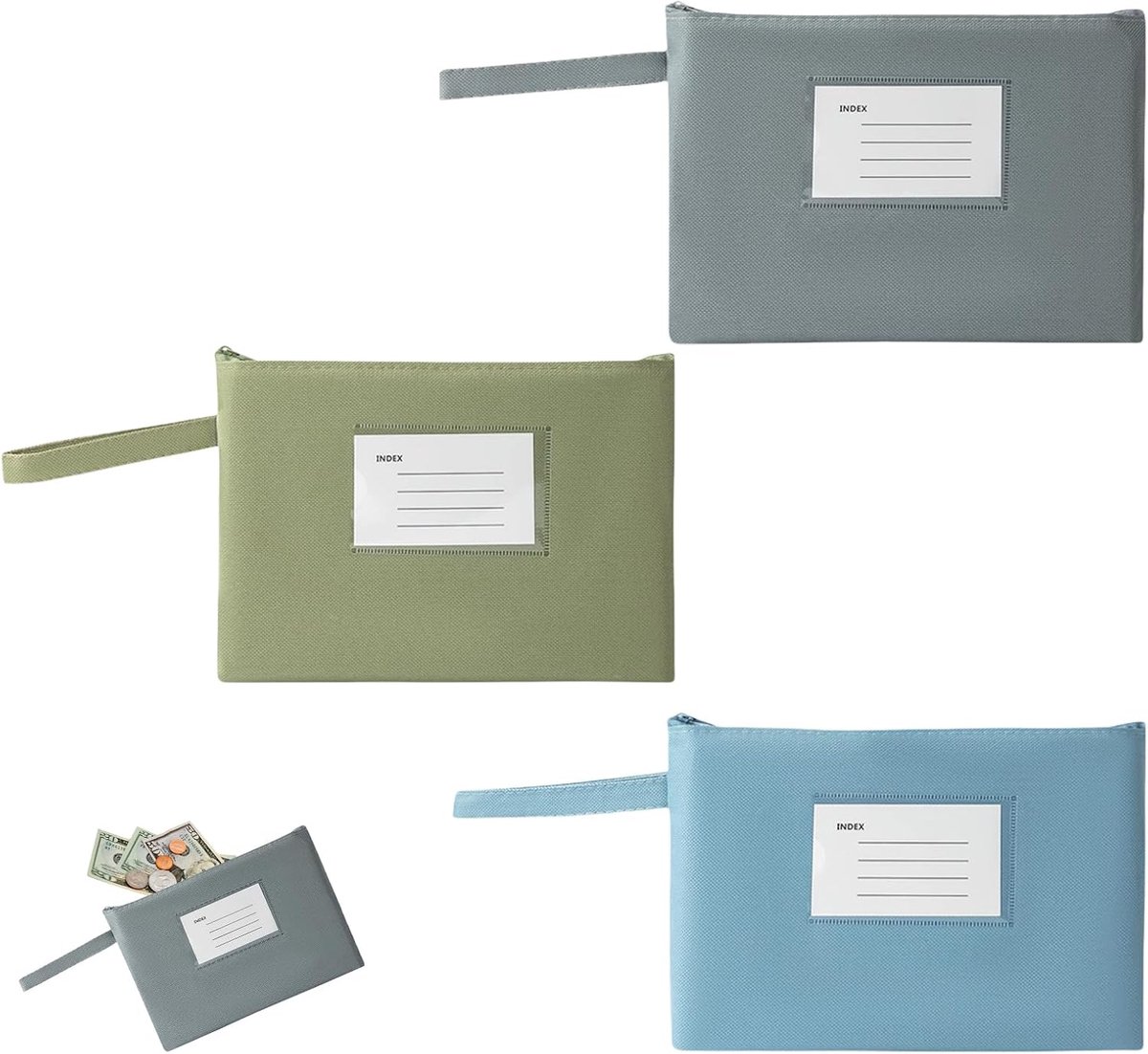 3 stuks portemonnee, banktas, portemonnee met ritssluiting, geldmap, banktas A5, bankmap, documententas, geldenvelop voor school, huishouden, zaken (grijs + groen + blauw)