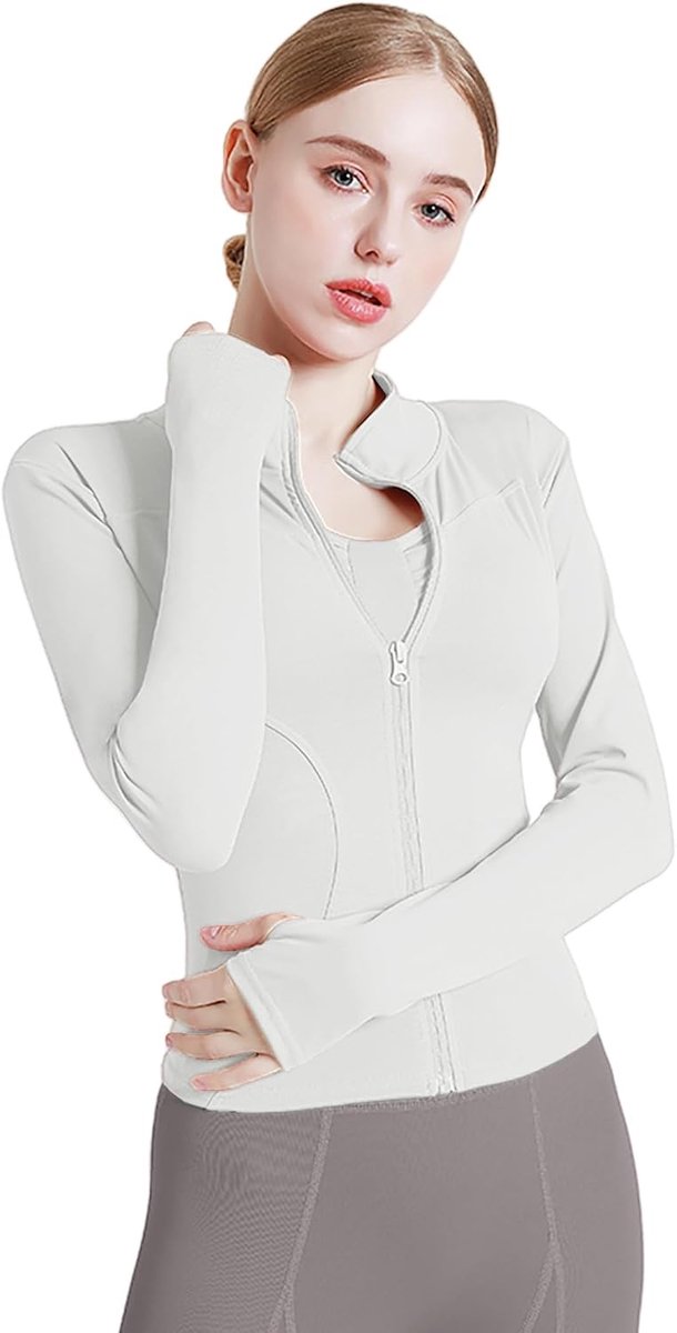 Sportjack voor dames, slimfit, hardloopjack, fitnessjas, lange mouwen, licht, trainingsjack met duimgat, ritssluiting, opstaande kraag, ademend, sneldrogend, yoga, joggen, sport top