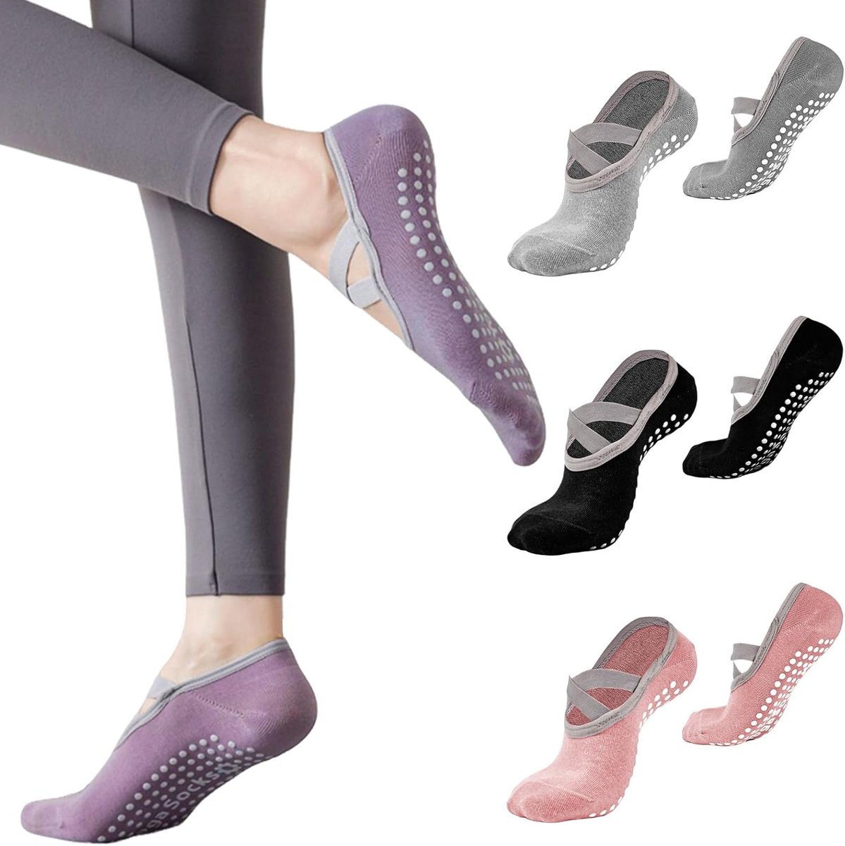 Sokken, antislip, voor dames, 35-38/39-42, yogasokken met kruisbanden, antislipsokken voor dames, voor 100% stabiliteit en comfort (zwart, grijs, roze en paars), zwart