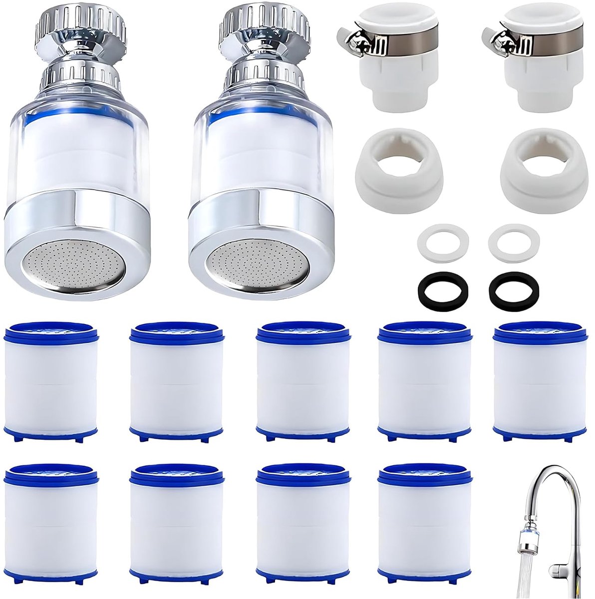 14 stuks kraanwaterfilters, 2 x 360° waterfilters, 9 x PP-katoenen filterelementen + 2 x universele interfaces, voor keuken, gootsteen, badkamer