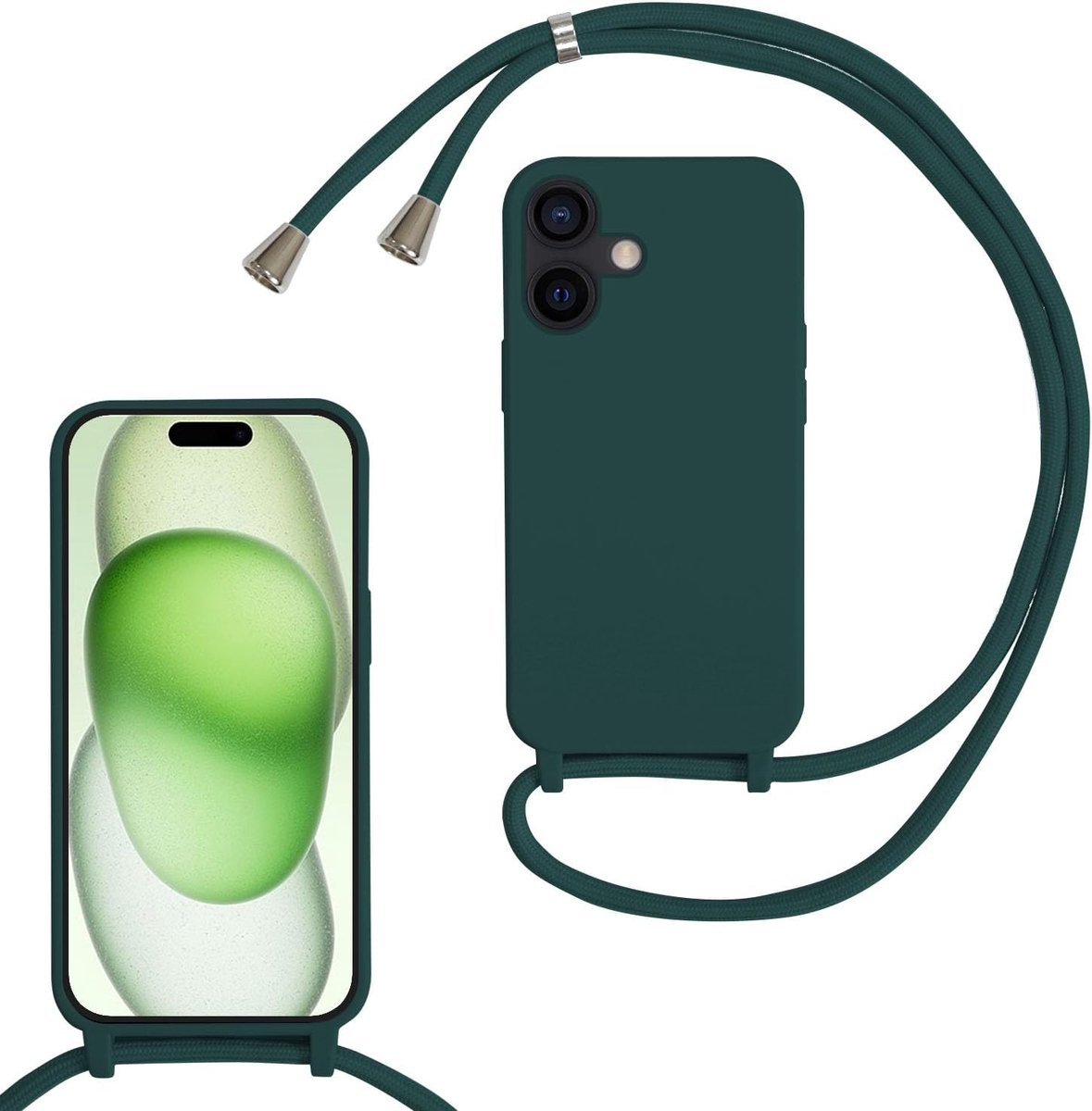 compatibel met iPhone 16 Plus, siliconen beschermhoes, snoepkleuren, siliconen, schokbestendig, met verstelbaar koord, telefoonhoesje, donkergroen