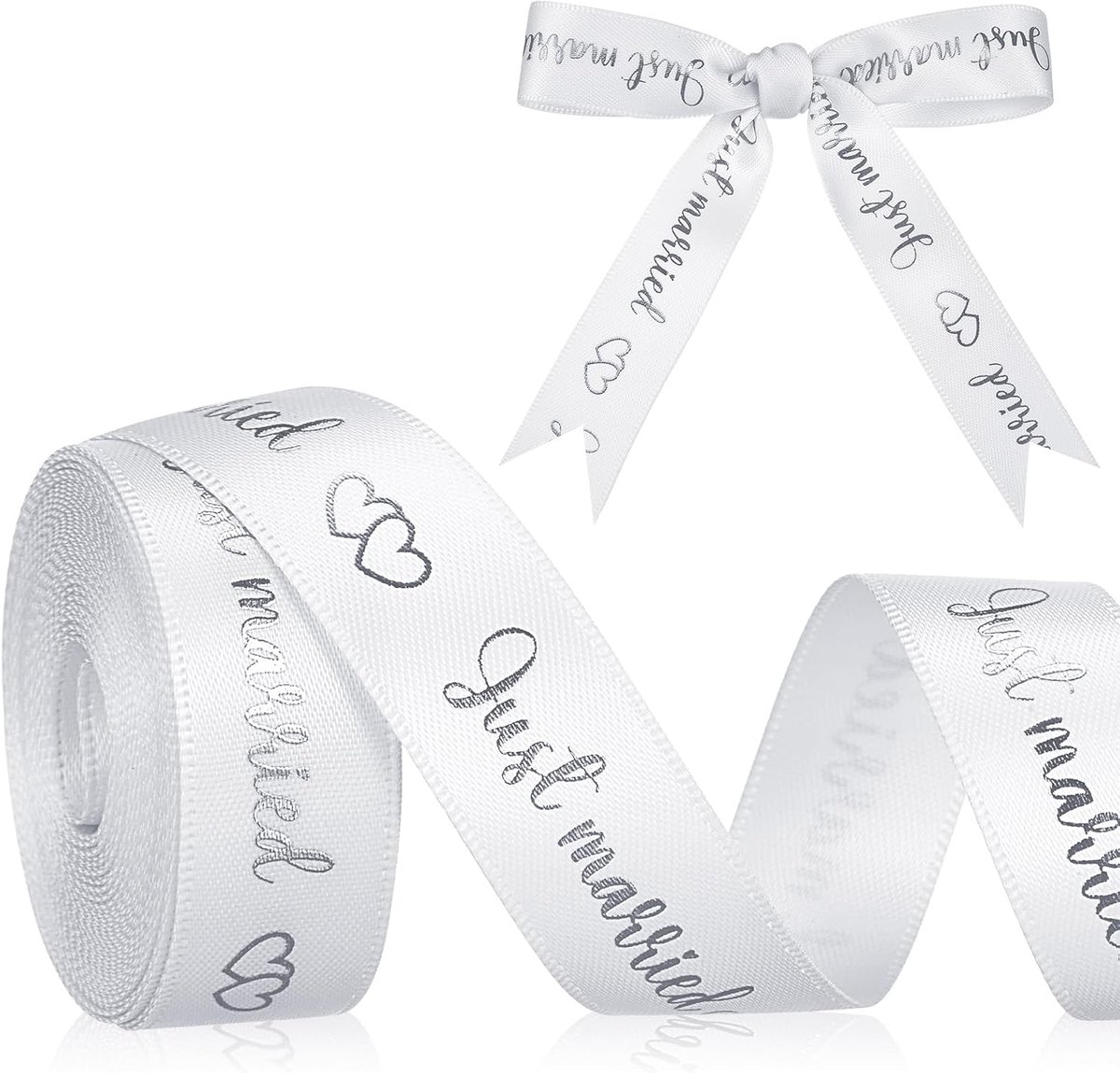 Huwelijkslint 4,5 m x 15 mm Just Married Decoratielint Huwelijkslint voor Huwelijksdecoratie Huwelijksuitnodigingen Bruidsboeketten Geschenkverpakkingen DIY (Zilver)