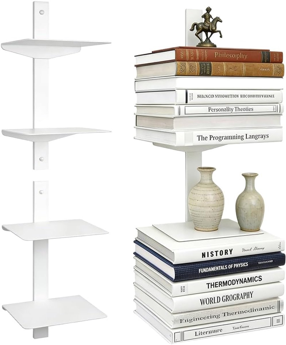 boekenplanken, 4 verdiepingen, verticale boekentoren, verborgen geboord, gemonteerde boekenplanken, verborgen metalen boekenplank voor de slaapkamer, decoratie in thuiskantoor, set van 2