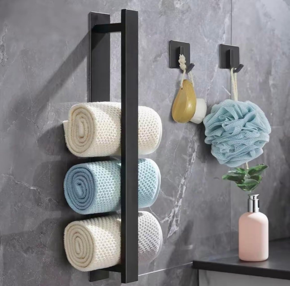 Handdoekhouder zonder boren, gastendoekhouder, zelfklevend, roestvrij staal, wandmontage, met 2 handdoekhaken, voor badkamer en keuken, 40 cm, mat zwart