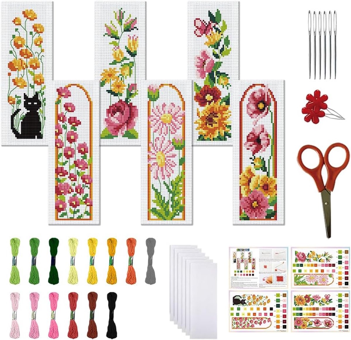 6 Set Kruissteek Bladwijzer Kit Gestempeld Kruissteek Kit Roze Bloemen Borduurwerk Set met Instructie voor Volwassenen 6x20cm