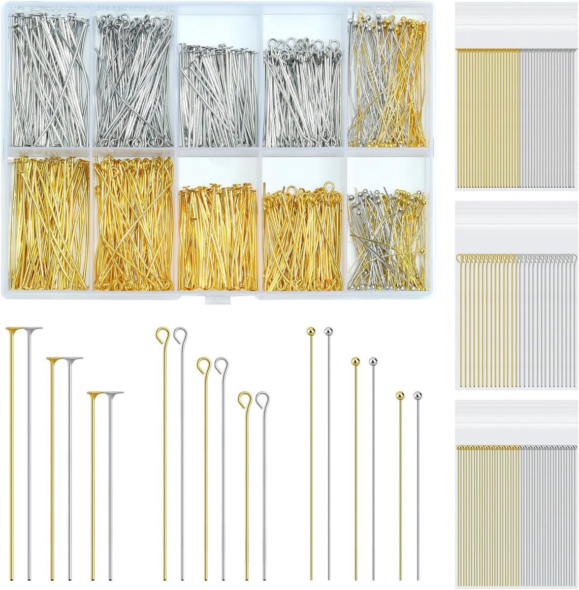 1080 stuks sieraden maken zilver goud oogpennen platte kop pennen kogelkoppennen 30/40/50 mm, metalen ogen, verschillende koppennen voor oorbellen, hangers, kralen, sieraden, doe-het-zelf