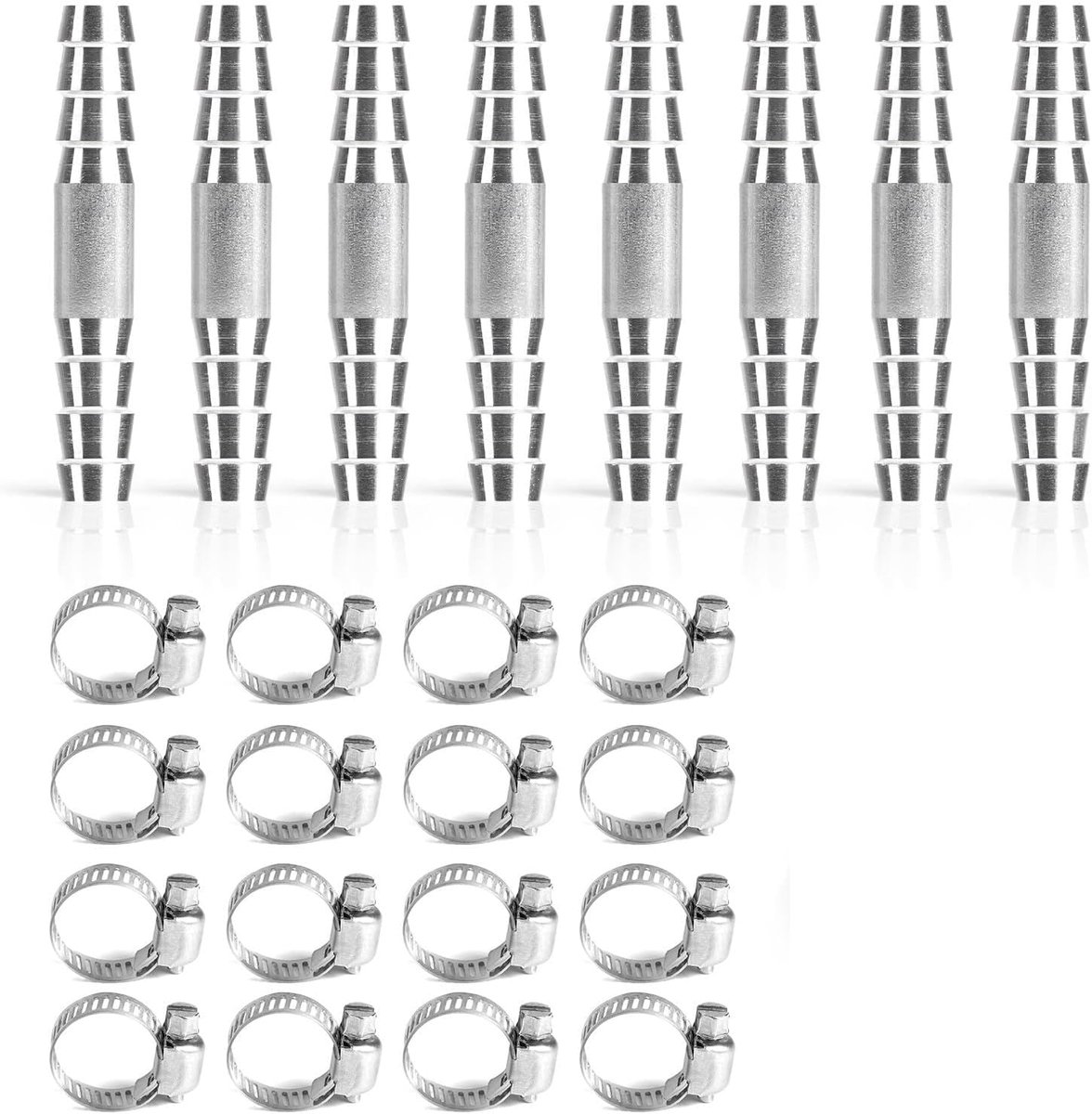 8 stuks, 10 mm, 2-weg I-vorm, perslucht slangverbinder, 2-weg recht, 304 roestvrij stalen mondverbinders met 16 slangklemmen, koppelstekker, adapter voor brandstof, gas
