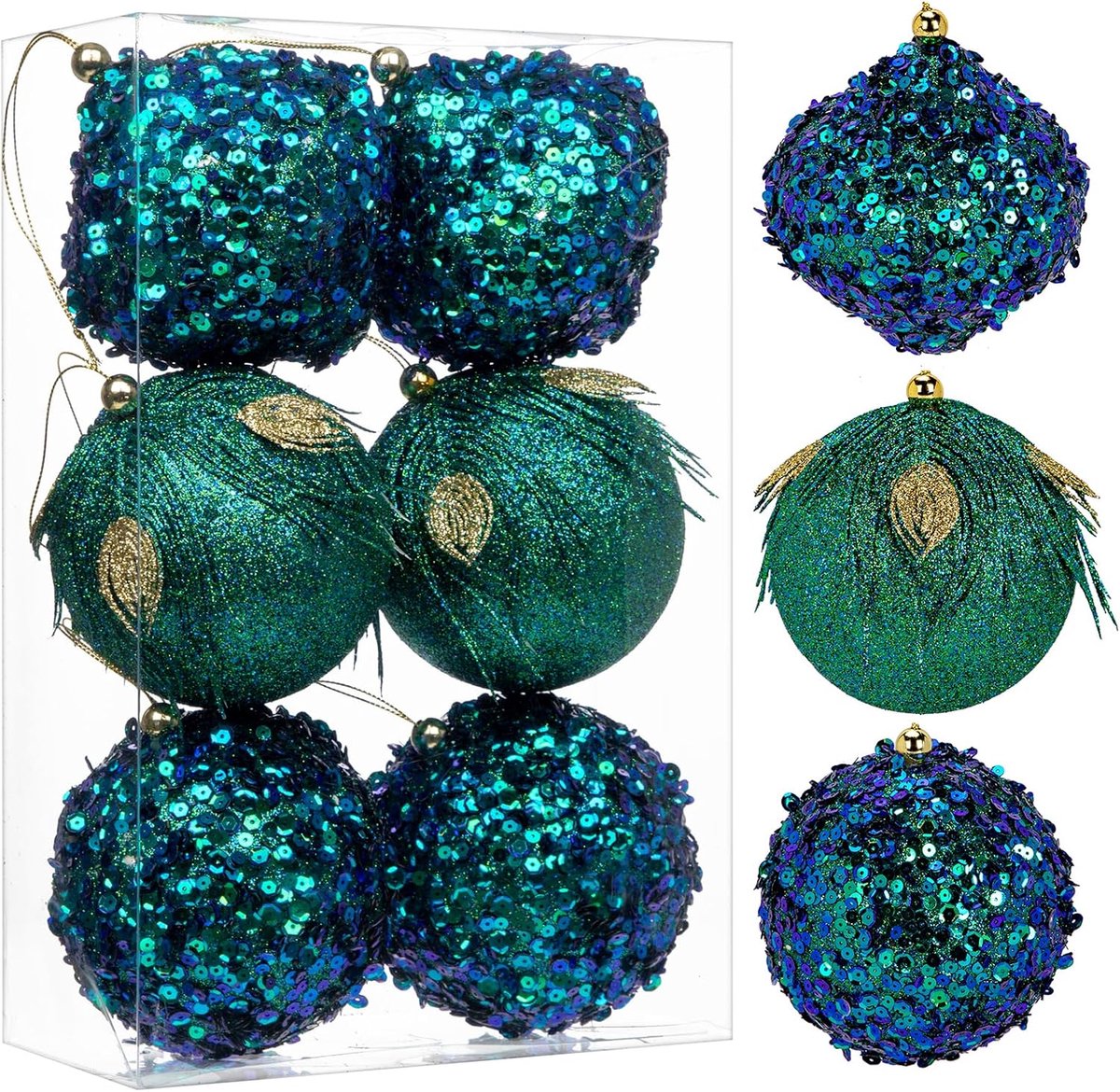 Kerstballen van 10 cm, met holografische glitter, kerstboomversiering, delicate decoraties voor kerstboom, bruiloft, blauwe pauw