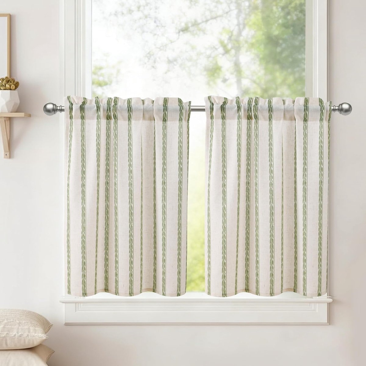 Netgordijnen moderne groene tarwe strepen linnen H 45 x B 90 cm Pack van 2 korte semi-transparante keuken gordijnen voor bistrogordijn caravan kast gordijn kelder gordijnen landhuis
