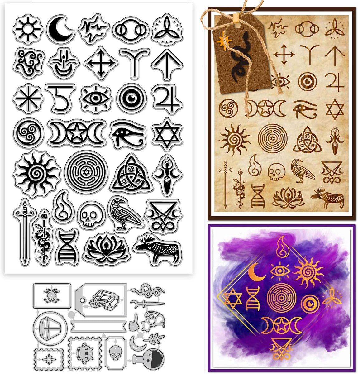 Duidelijke stempel- en stansvormen, set met hekserijsymbool voor het maken van kaarten, toverdrankje, transparante siliconen stempel, labelframe, metalen stansen voor Halloween