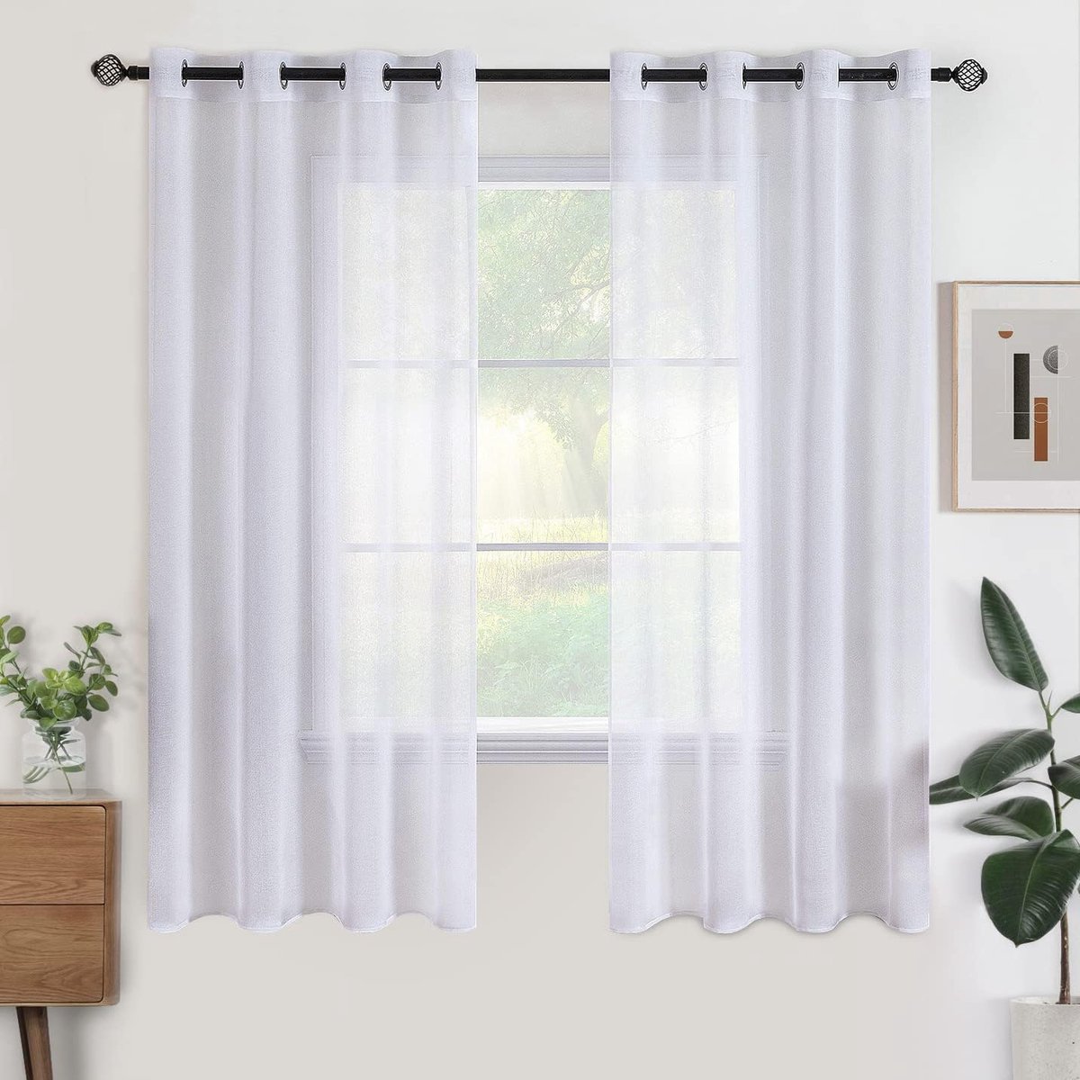 Set van 2 transparante gordijnen met ringen, semi-transparante binnengordijnen voor slaapkamer, woonkamer, huis, 140x160 cm, wit