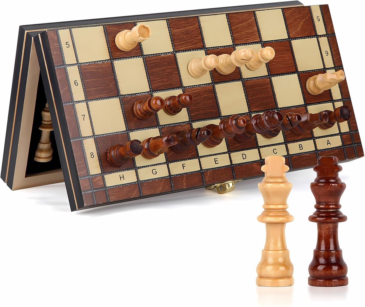 schaakspel van hout, 24 x 24 cm, draagbaar, inklapbaar, schaakbord, beginners, schaakset met 2 extra koninginnen, cadeau voor kinderen, familie en vrienden