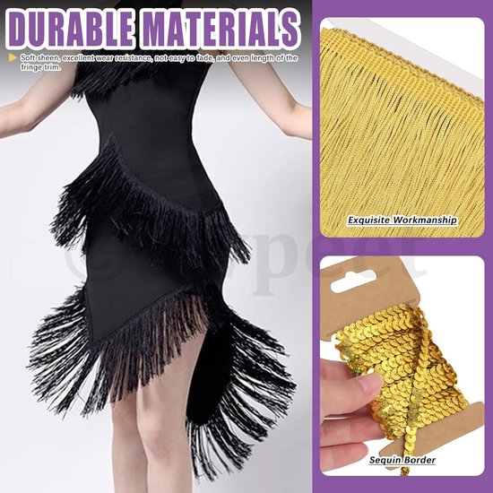 4,5 meter × 10 cm gouden franje met pailletten trim, stoffen franje, kant trim, kwastje, naaien franje trim voor kleding accessoires bruiloft Latijnse jurk lampenkap DIY-ambachten decoratie — afbeelding 3