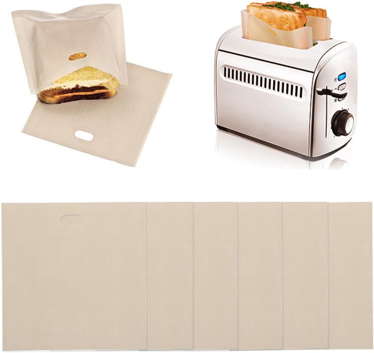 6 stuks broodroosterzakken, herbruikbaar, sandwich, toasterzakken, hittebestendige broodroosterzak, anti-aanbaklaag, 16 x 16,5 cm, sandwichzakjes, broodroosterzakken, toasterzakken, toastzakjes voor pizza