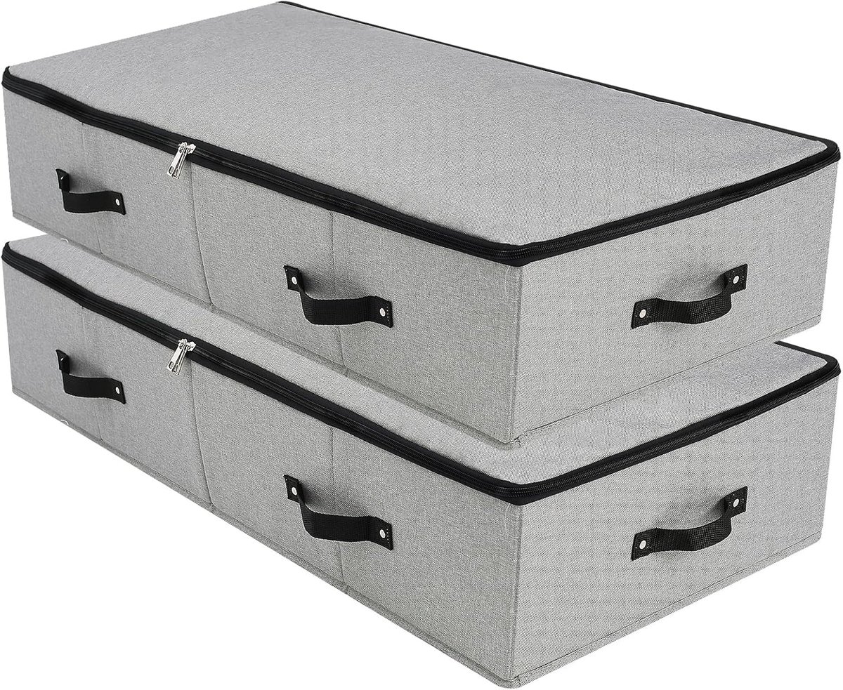 stoffen opbergdoos onder het bed met plastic steunvoering, 6 handgrepen, deksel met ritssluiting, opbergbak organizer voor dekens kleding dekbedden voor slaapkamer en kast, 90×42×18cm