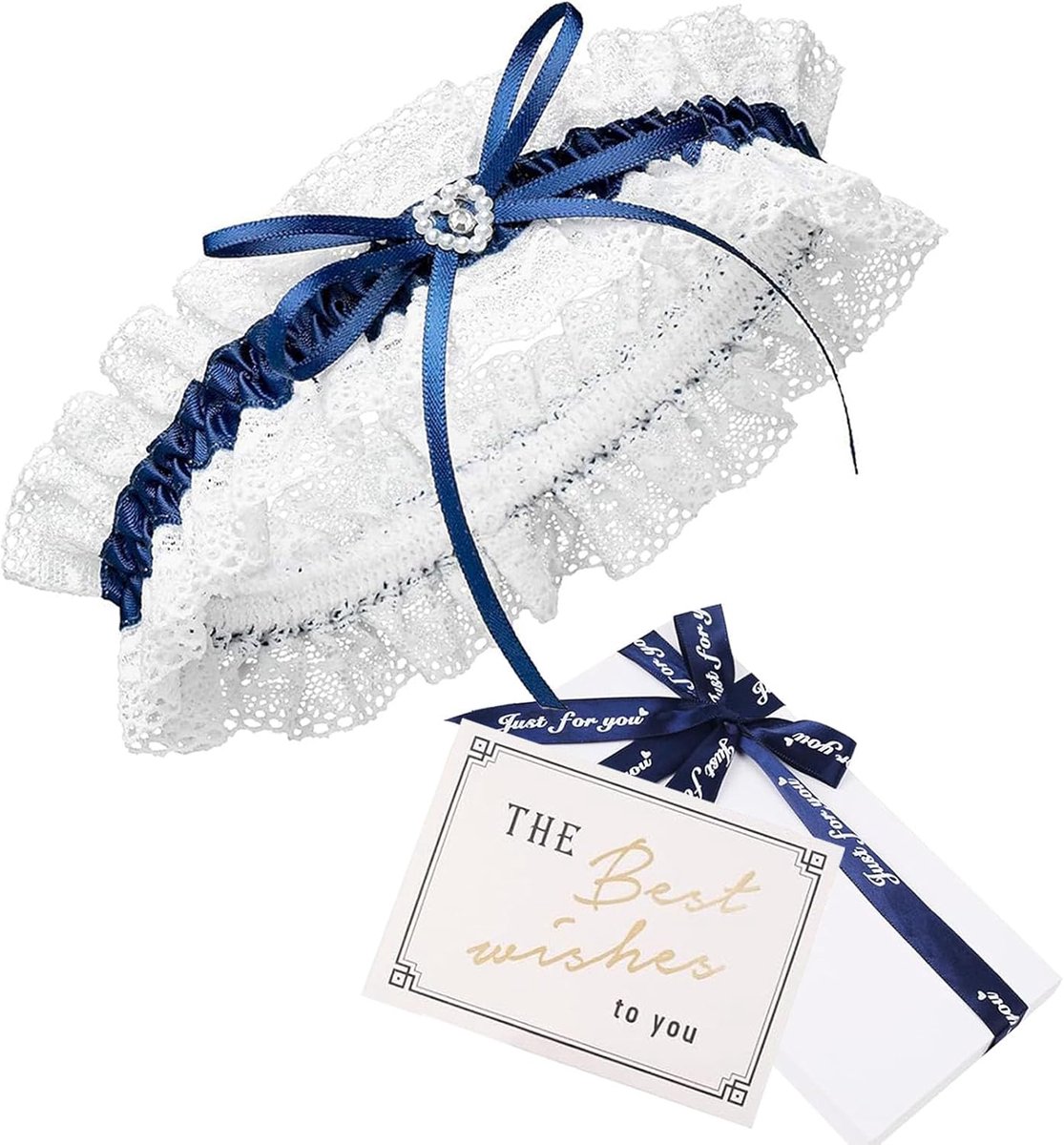 bruidskousenband in blauw voor bruiloft, lint versierd met kant, strik en een edel hart met filigraan glittersteen, handgemaakt