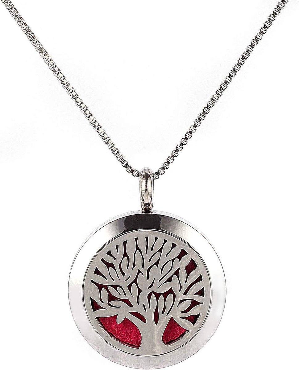 Etherische olie Diffuser Hanger Boom des Levens Roestvrij Staal Ketting Hanger Parfum Kerstcadeau Sieraden met ketting van 55 cm en 5 viltglijders, metalen basis, Basis metaal