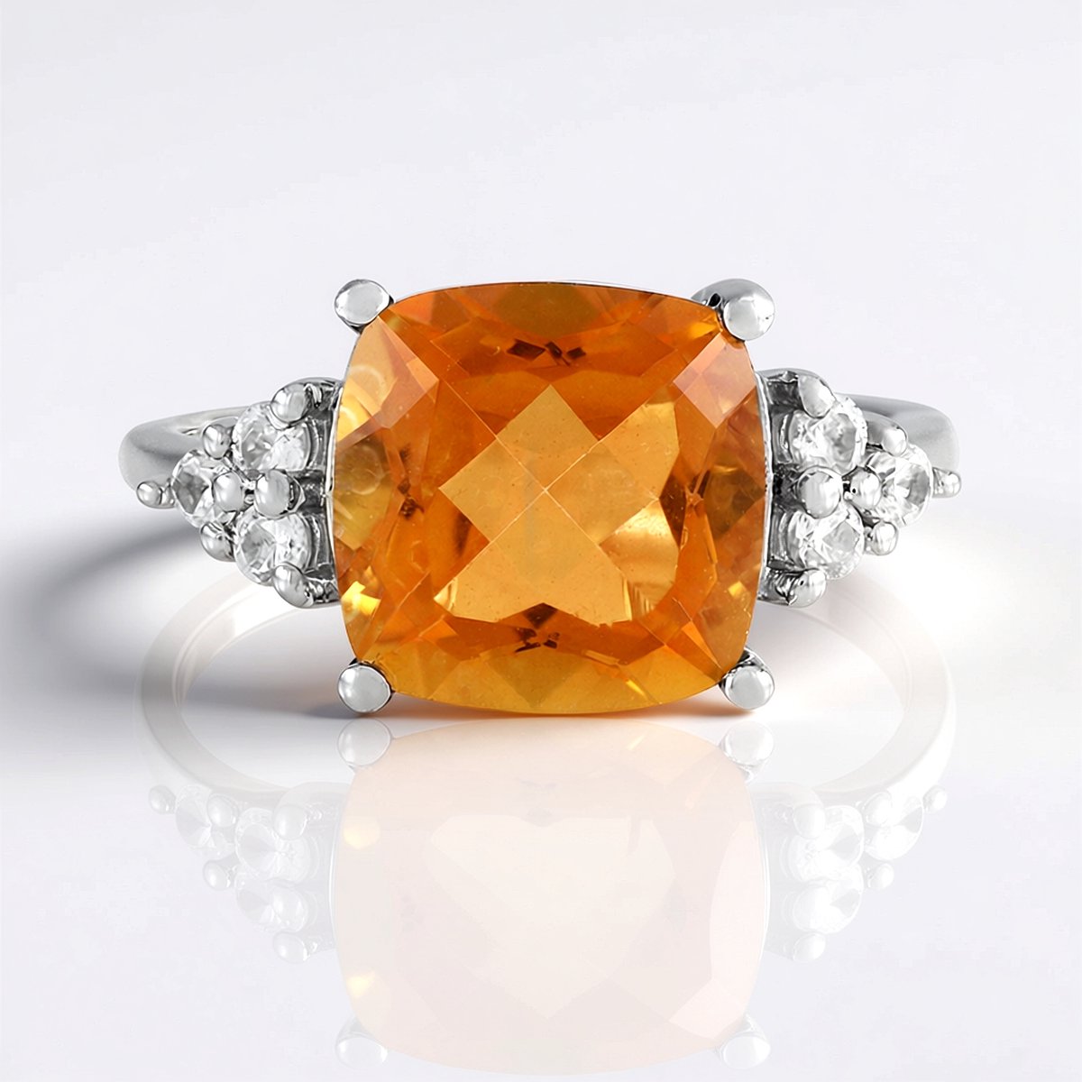 Cavill - Zilveren Ring 925 Sterling met 3,56 ct Oranje Kwarts en Zirkonen - Platina Finish - Antiek Kussen Slijpsel - Elegante Sieraden