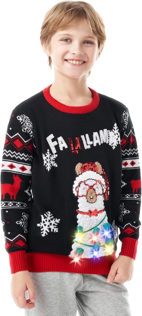 Getup Lelijke kersttrui voor kinderen, led-verlichte zwarte kerst-alpaca-lelijke trui, lelijke kersttrui voor kinderen