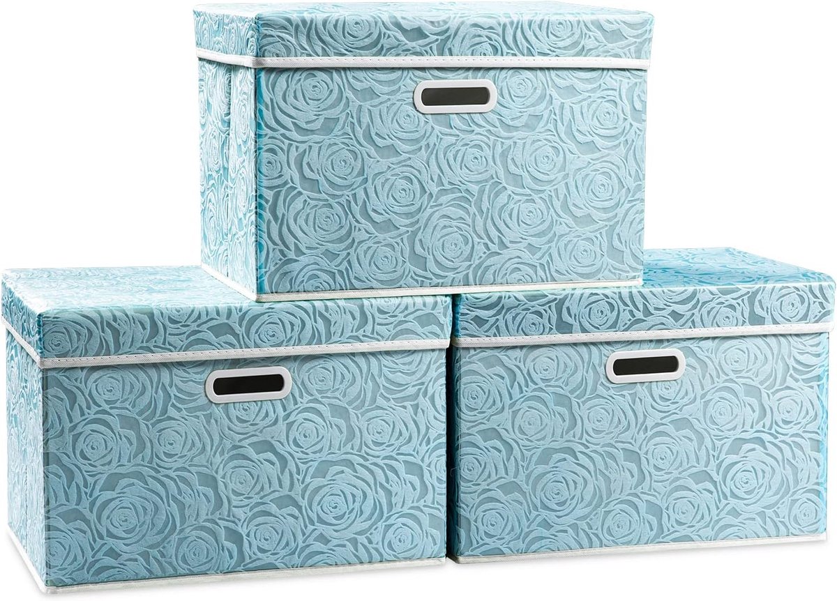 Grote Opbergdoos met Deksel,Blauw,43x30x30cm[3 stuks] | Opvouwbare, Stoffen Decoratieve Opbergbak, Kubus Organizer Container Mand, Met Handgrepen, Voor Slaapkamer Kast Woonkamer