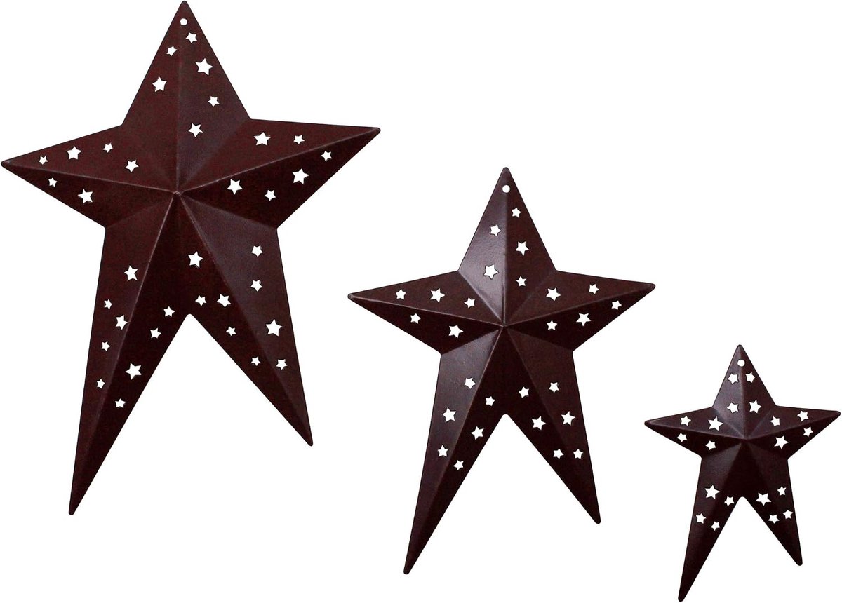 Primitieven Rustieke Vintage Geschenken Bourgondië Geslagen Metalen Schuur Sterren voor Muur/Kransen/Twigs Decor,8/6/4 Inch, Set van 3
