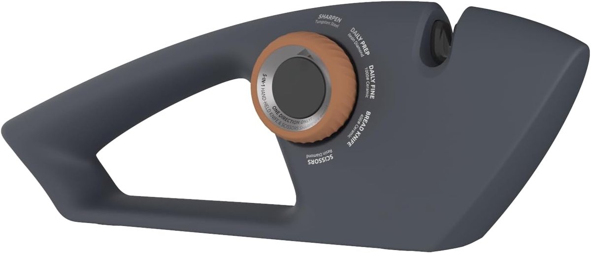5-fase in 1 handmatige messenslijper met anti-slip basis & ergonomische handgreep voor de meeste keukenmessen, scharen, kartelmessen, broodmessen, zakmessen en jachtmessen.