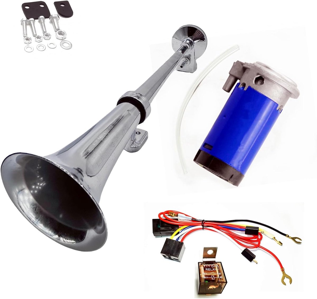 Air claxon voor auto, vrachtwagen, zilveren trompet, scheepshoorn, 24 V, chroom, zink, luidspreker, hoorn voor auto met blauwe compressor voor 24 V vrachtwagen boot enz
