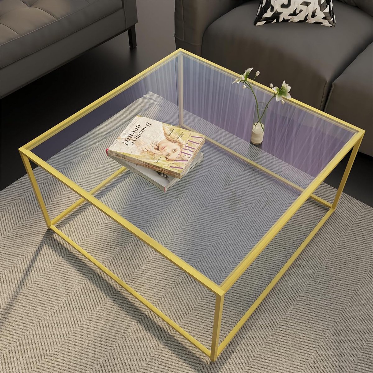 Salontafel, 67 x 67 cm, glas, moderne woonkamertafel, bijzettafel, vierkant, 4 mm glas, koffietafel, bijzettafel met metalen frame, voor woonkamer, balkon, kantoor, goud