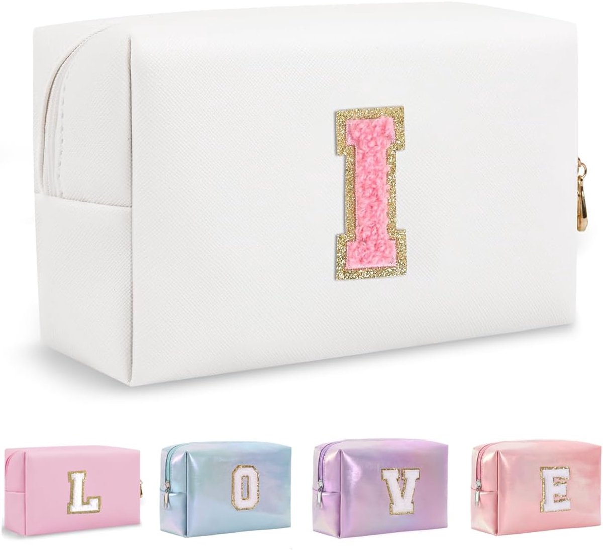 Make-uptas Set Organizer Katoenen Letter Cosmetica Etui Grote Capaciteit Reis Toilettas Dames Meisjes Verjaardagscadeaus Draagbare Kwast Opbergtas met Verdeler en Handvat, Wit-1, I