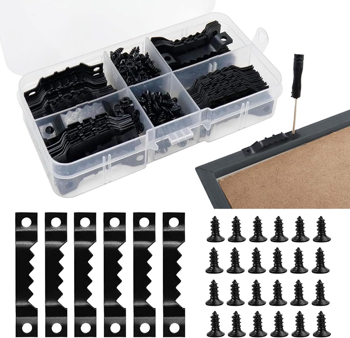100 Stuks Sawtooth Picture Frame Hanging (met 200 Stuks Schroeven), Schilderijhaken, Zaagtandhaken, Gekartelde Ophanghaken, Geschikt voor Ophangen van Lijsten, Brancards en Horloges (Zwart)