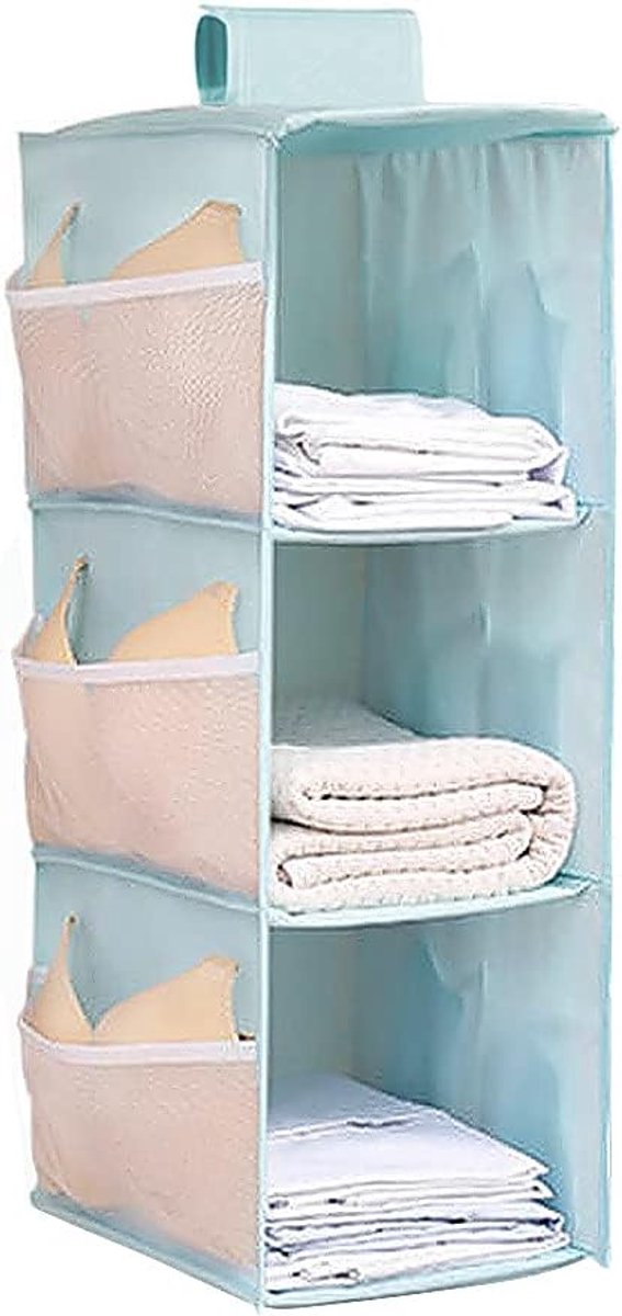 Hangrek kledingkast, 3 vakken, hangende organizer, kast, met 9 mesh-zijvakken voor familiekast, slaapkamer, opvouwbaar en universele pasvorm, 30 x 22,5 x 60 cm (blauw, drie lagen)
