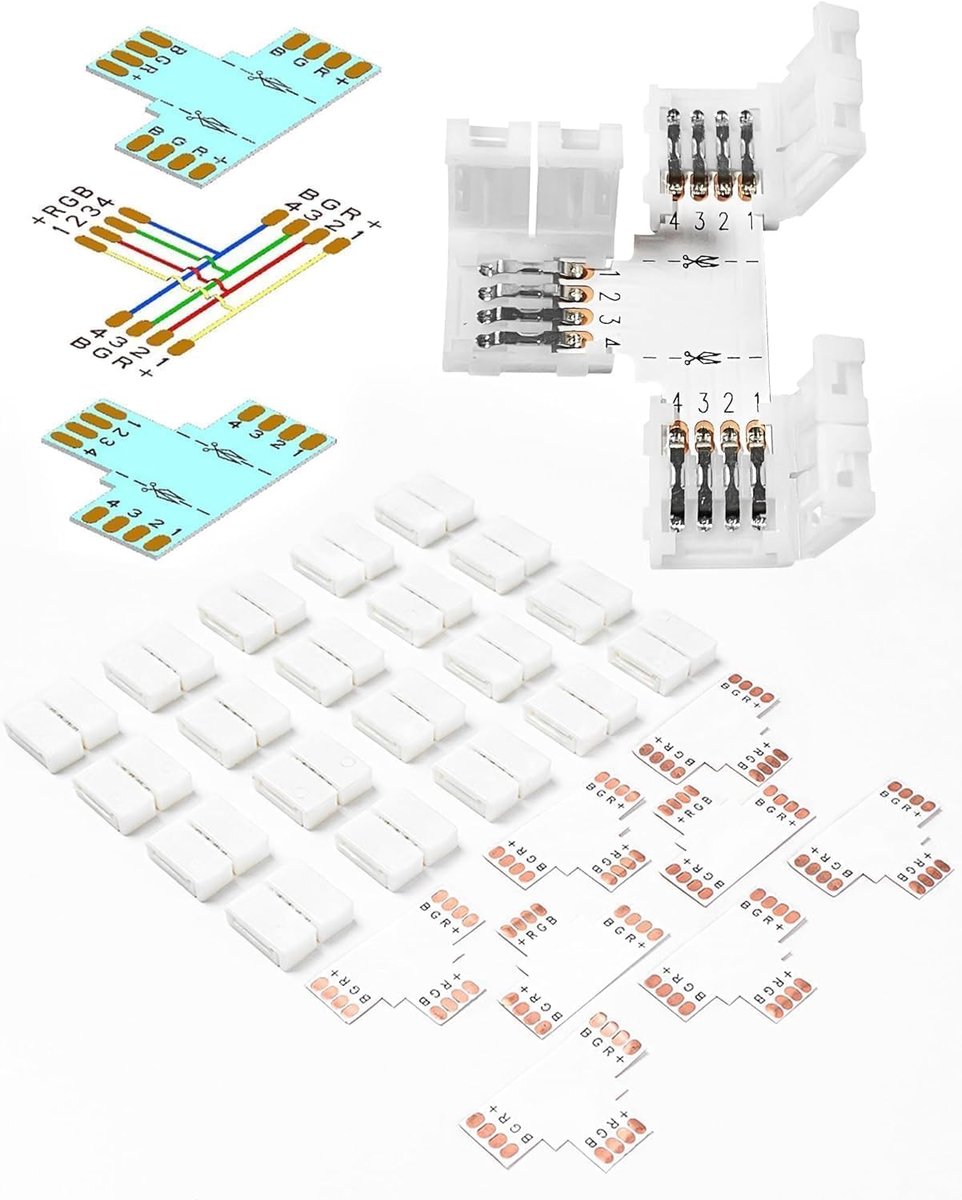 20 Stuks 4-Pins LED Strip Connectoren Voor SMD5050 Niet Waterdicht 10mm RGB LED-Strip Met 8 x 10 mm T-Vormige en L-Vormige Ledstripverbinding