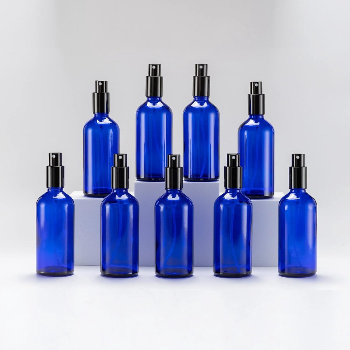 Blauw Glass Spray Bottle 100ml, met Kleine Fijne Nevelspray, Metalen Dop, Navulbaar voor Essentiële Olie, Reizen, Schoonmaken, Parfum, Aromatherapie, Make-up - 9 Stuks