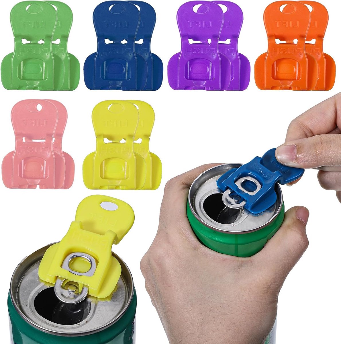 KZQ 12 Stuks Blikopener - Plastic blikopener - Gemakkelijk te openen blikopener en drankbeschermer - Lekvrij - Beschermt limonade, cola, bier en andere dranken - Beschadigt de nagels niet