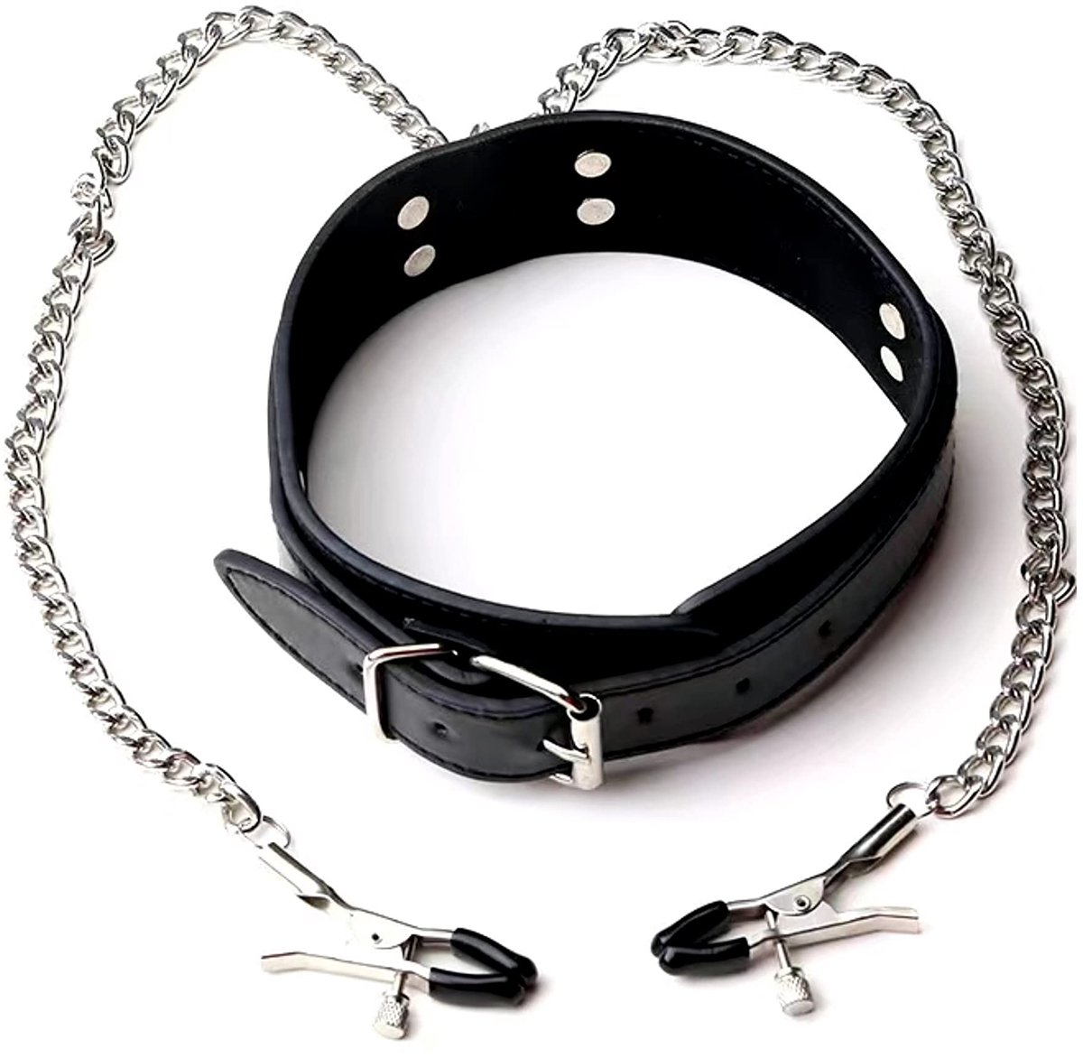 Choker met tepelklemmen - Halsband - BDSM - Rollenspel - Sexspeeltje - Erotiek - Imitatieleer - Zwart - Jonyx