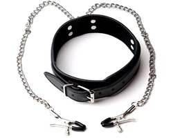 Choker met tepelklemmen - Halsband - BDSM - Rollenspel - Sexspeeltje - Erotiek - Imitatieleer - Zwart - Jonyx