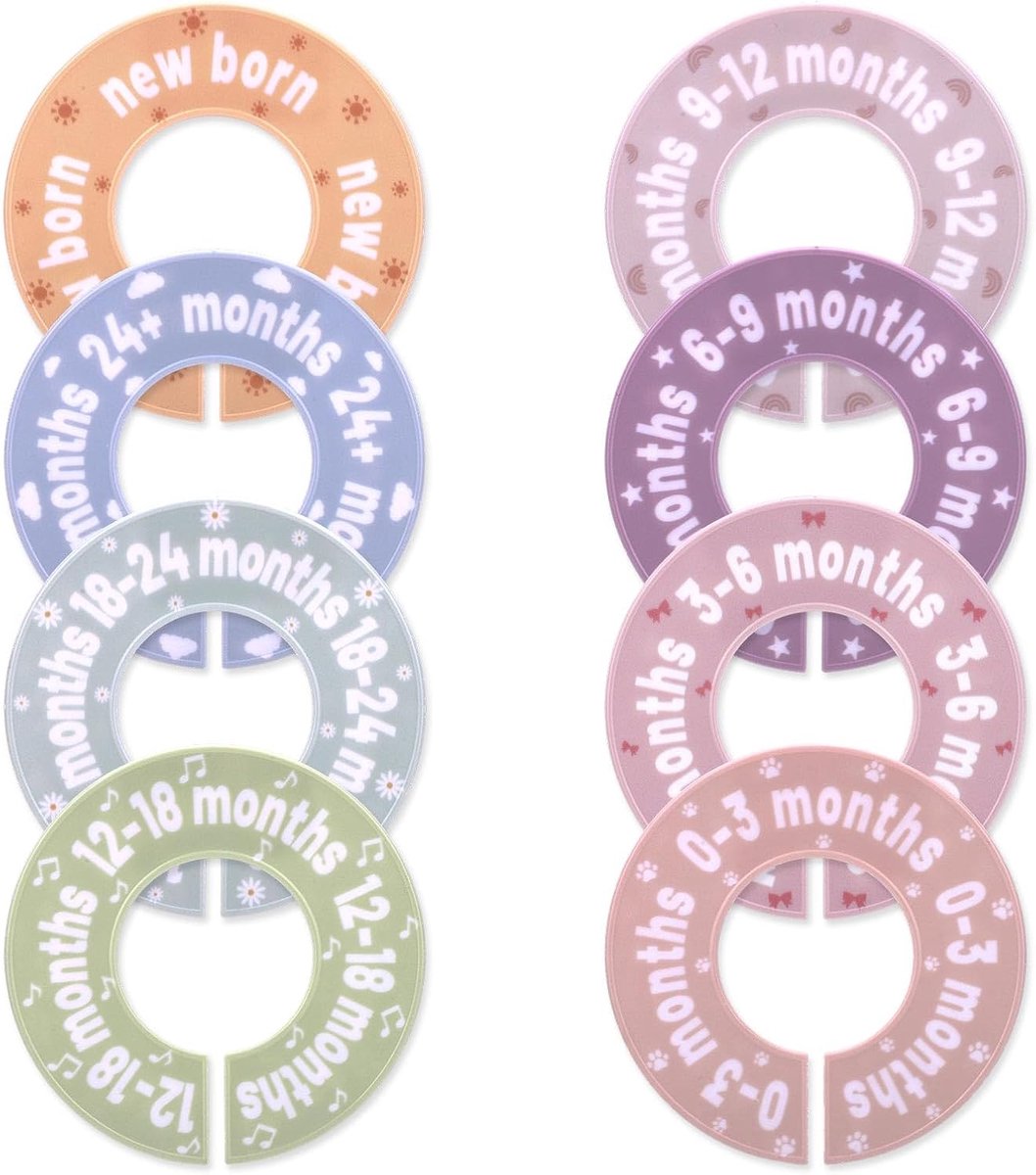SnelShoppen - 8 Stuks Baby Kleerhanger Scheiders, Zachte Kleuren, Dubbelzijdig Cirkel Ontwerp, Geschikt voor Meeste Stangen, Voor Kinderen 0-24 Maande