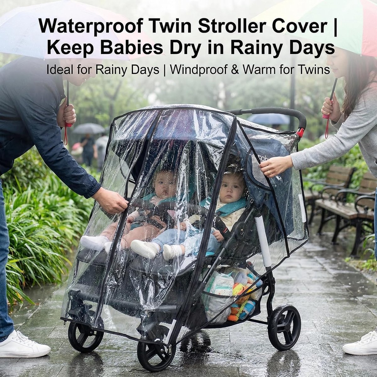 Regenhoes Dubbele Kinderwagen - Broers en zussen hoes - Kinderwagen Beschermen - Dubbele Ritssluitingen - Universeel - Transparant