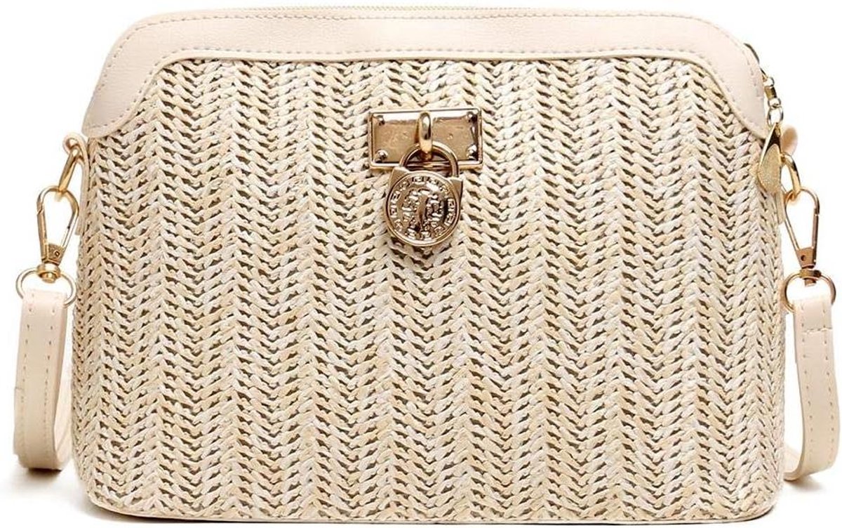 Schoudertas Vlechtwerk - Strandtas Clutch - Zomerse Uitjes - PU Details - 23 x 17 x 11 cm - Wit