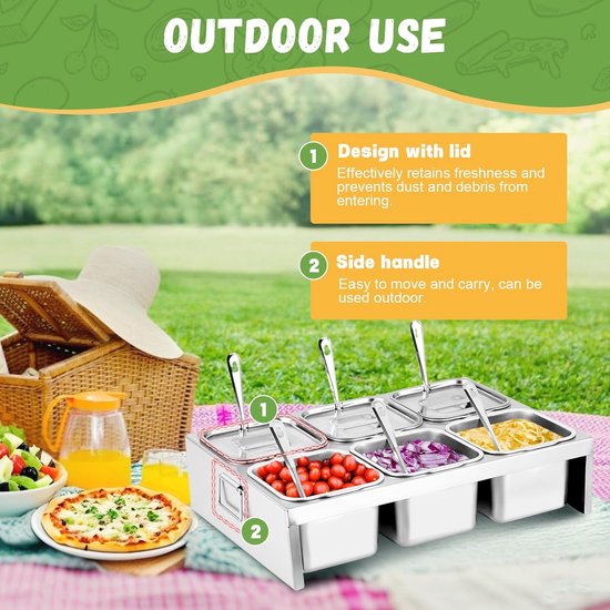 Pizza Topping Station - Toppings Organizer - Pizza Bereiden - Roestvrijstalen Containers - 6 Bakjes - Zilver — afbeelding 3