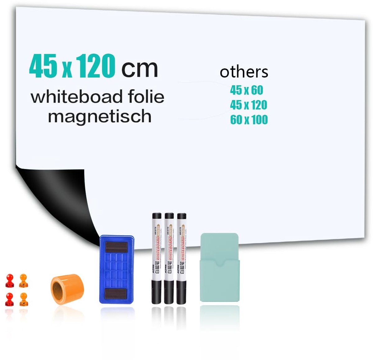 SnelShoppen - Whiteboardfolie magnetisch zelfklevend 45 x 120 cm met marker en spons - doe-het-zelf wandfolie voor school kantoor thuis op gladde oppe