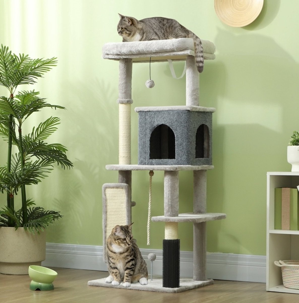 MIVRAY Krabpaal – 132 Cm – Met Kattenbed En Kattenhuis – Pluche En Sisal – Lichtgrijs – Speel En Rustplek Voor 1 Tot 2 Katten