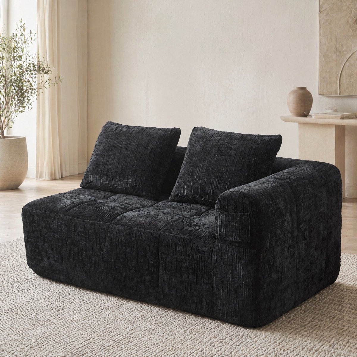 COVREO 2-zits bank 158x90x60 cm zwart chenille met zijvakken en kussen, geen montage nodig